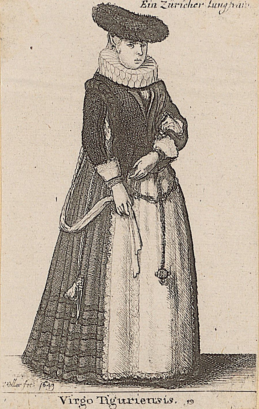 Ein Züricher Iungfraw : Virgo Tiguriensis. [S.l.] : [s.n.], [1649]. Zentralbibliothek Zürich, Trachten, Zürich I, 51, https://doi.org/10.3931/e-rara-36429 / Public Domain Mark.
